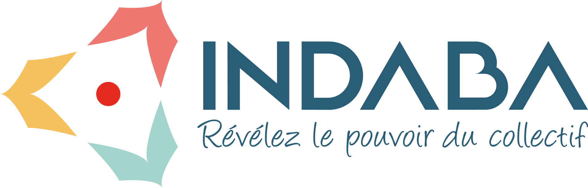 Logo Indaba : 3 tentes de couleurs en cercle autour d'un point qui représente symboliquement un feu de camp. Sous le nom Indaba apparait la baseline Révélez le pouvoir du collectif.